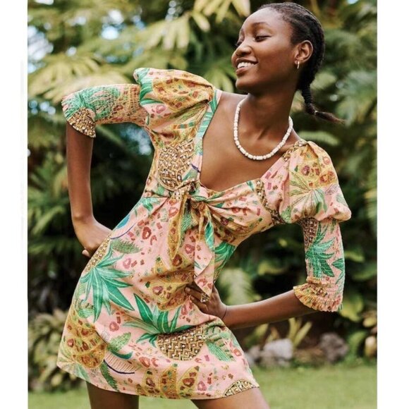 FARM Rio Dresses & Skirts - Farm Rio Mixed Fruits Mini Dress Womens Sz S Smocked Tropical Linen Blend Resort